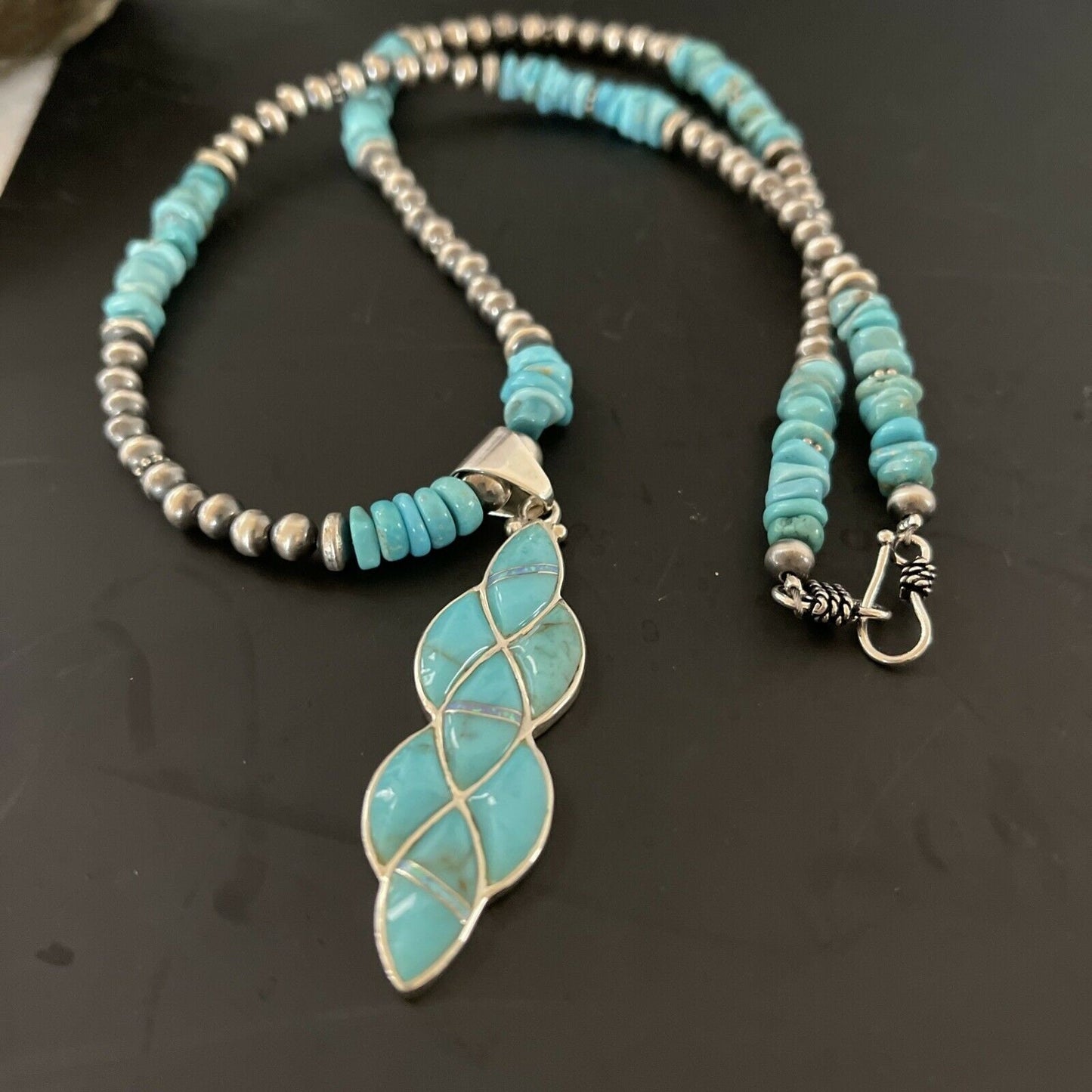Authentic Native American Navajo Sterling Silver Pendant | Blue Turquoise & Opal Inlay Necklace | 11329