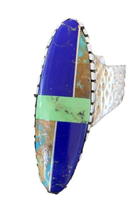 Native American Multi-Color Lapis Turquoise Inlay Ring | Sterling Silver | Sz 7 | 01469
