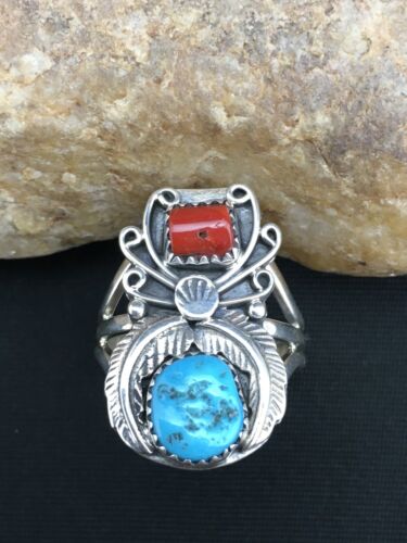 Navajo Southwestern Blue Turquoise & Coral Ring | Authentic Native American Sterling Silver | Multi-Stone | Sz 9.5 | 4857