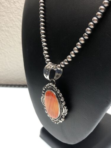 Navajo Pearls Orange Spiny Oyster Pendant Necklace | Sterling Silver | Authentic Native American Handmade | 11296