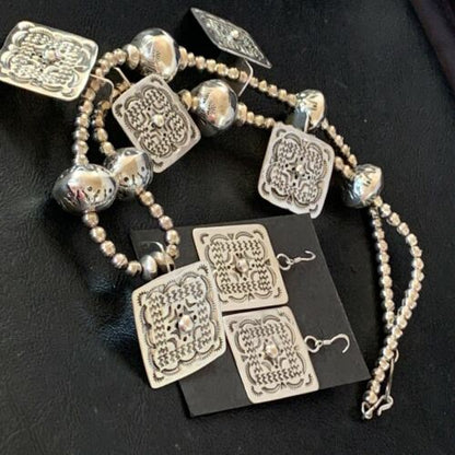 Navajo Square Blue Naja Necklace Set | Authentic Native American Sterling Silver | Handmade Stamped | 10767