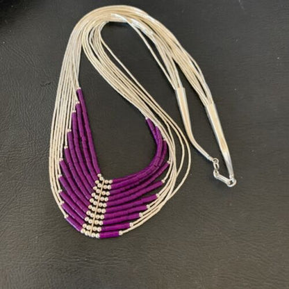 Sugilite Liquid Silver Heishi Necklace | 10 Strand | Sterling Tubes Pendant | 12299