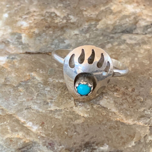 Navajo Bear Paw Blue Turquoise Pinky Ring | Sterling Silver | Sz 4 | Authentic Native American Handmade | 10840