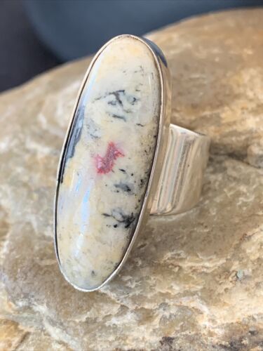 Southwestern Navajo Cinnabrite Ring | White Black | Sterling Silver | Sz 6.5 | 01548