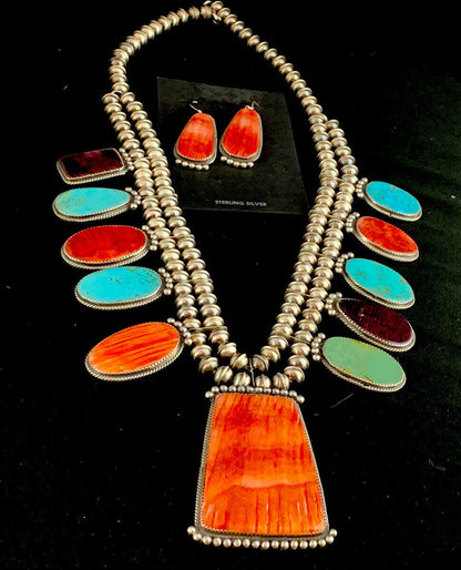 Navajo XL Spiny Oyster Squash Blossom Necklace | Sterling Silver Turquoise | Authentic Native American Handmade | 12702