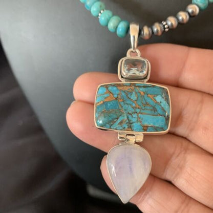 Navajo Pearls Necklace with Blue Mojave Turquoise Moon Pendant | Authentic Native American Sterling Silver | Multi-Stone | 11867