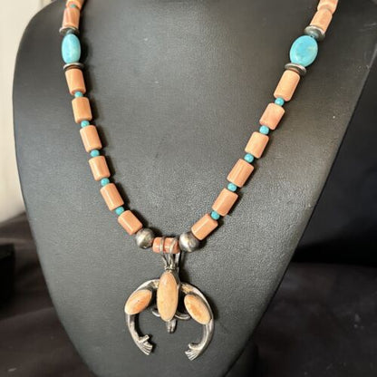 Navajo Pink Coral & Blue Turquoise Necklace with Naja Pendant | Sterling Silver | Native American Handmade | 14813