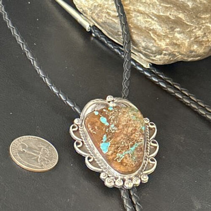 Navajo Blue Boulder Turquoise Bolo Tie | Sterling Silver | Authentic Native American Handmade | 14252