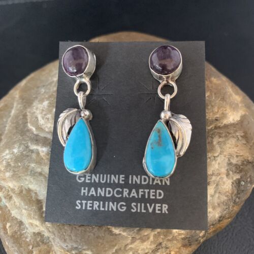Navajo Sterling Silver Dangle Earrings | Purple Sugilite & Blue Turquoise | Leaf Design | 13444