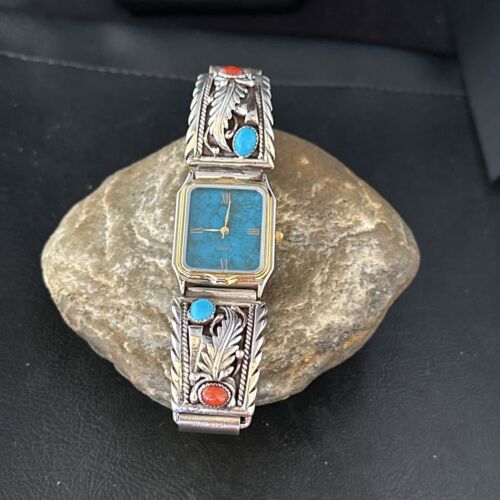 Authentic Navajo Men's Watch Tips Band | Turquoise Coral Feather | Sterling Silver | Native American Jewelry | 14312