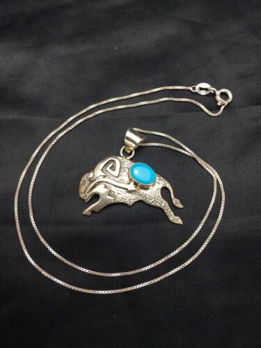 Navajo Buffalo Turquoise Pendant 1.25" | Sterling Silver | Native American Handmade | 20" | 3024