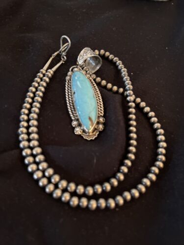 Men's Blue Kingman Turquoise Pendant | Navajo Pearls Sterling Silver Necklace | Authentic Native American Handmade | 01071
