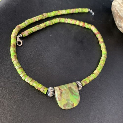 Navajo Green Gaspeite Turquoise Pendant | Sterling Silver | Authentic Native American Handmade | 13941