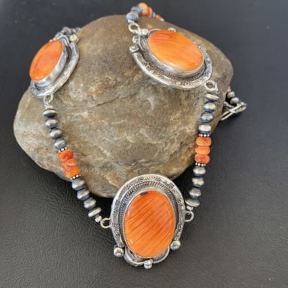 Navajo Pearls Orange Spiny Oyster Necklace Pendant | Sterling Silver | Authentic Native American Handmade | 10818