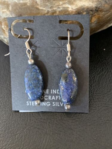 Navajo Blue Lapis Lazuli Bead Dangle Drop Earrings | Sterling Silver | Authentic Native American Handmade | 13062