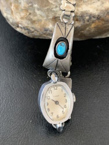 Navajo Sterling Silver Watch Tips | Old Pawn Turquoise Shadowbox | Authentic Native American Jewelry | 1449