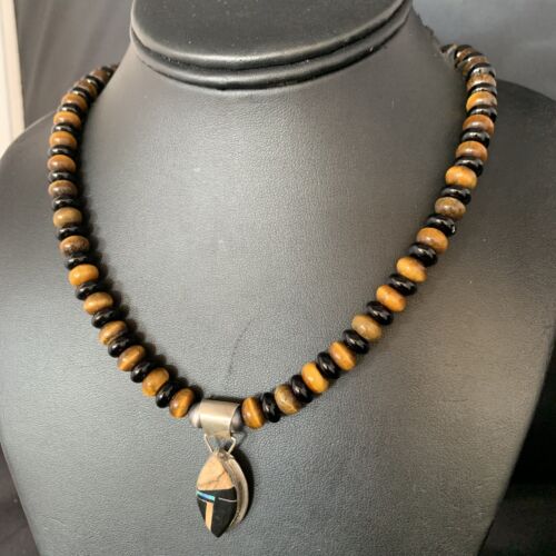 Navajo Sterling Silver Inlay Necklace with Black Onyx, Tigers Eye, Picture Jasper | 22" | 13761