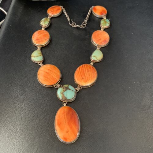 Navajo Lariat Necklace with Green Royston Turquoise & Spiny Oyster Pendant | Sterling Silver | 20" | 13888