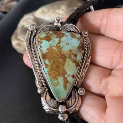Navajo Green Royston Turquoise Bolo Tie | Sterling Silver | Authentic Native American Handmade | 14109