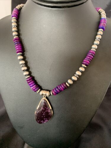 Navajo Pearls Purple Sugilite Necklace Pendant | Sterling Silver | Authentic Native American Handmade | 10329
