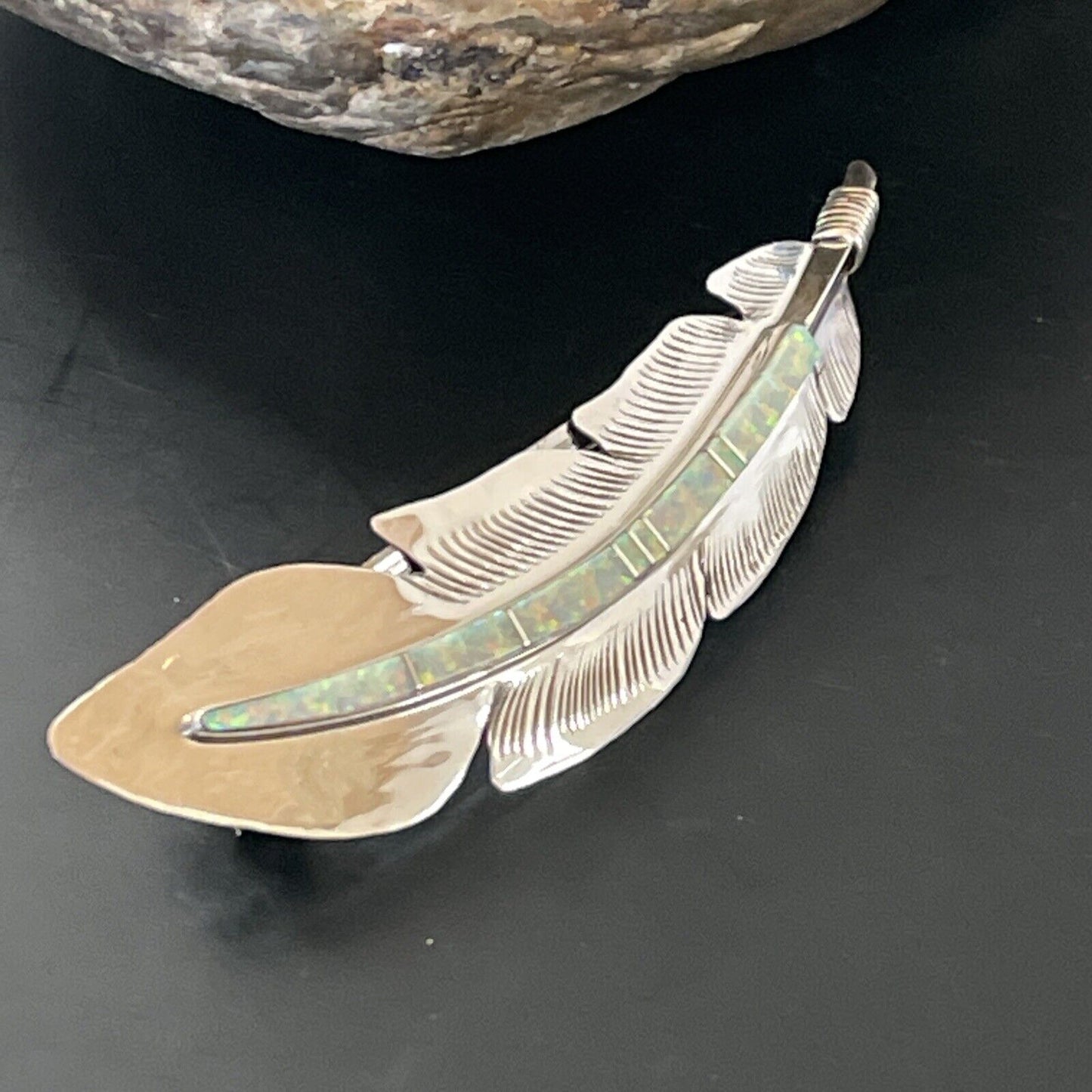 Women's Navajo Sterling Silver Feather Barrette | White Opal Inlay | Handmade | 4" | 2079