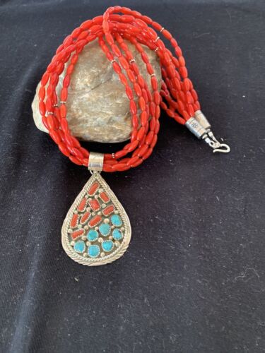 Navajo Coral Turquoise 5-Strand Necklace | Sterling Silver | Authentic Native American Handmade | 00510