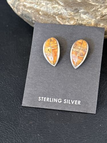 Navajo Orange Spiny Oyster Inlay Earrings | Sterling Silver | Authentic Native American Handmade | 14789