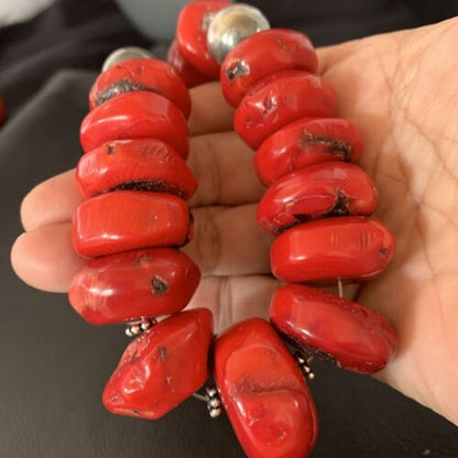 Navajo Red Coral Bead Necklace | Sterling Silver | Graduated 21" | Authentic Native American Jewelry | 13160