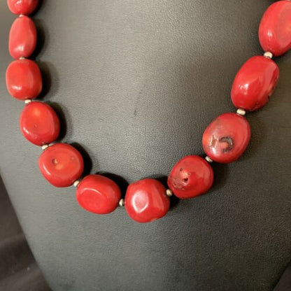 Native American Navajo Red Coral Bead Necklace | Sterling Silver | 18" | 13408 - Masha USA