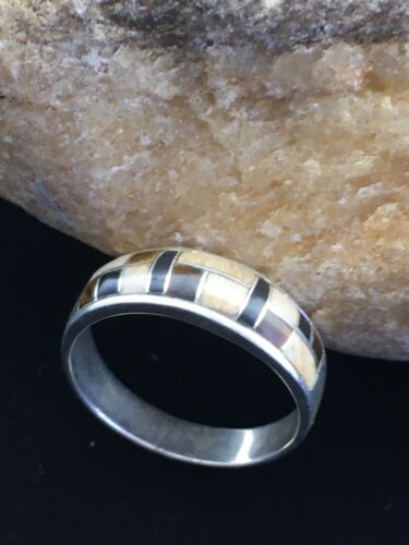 Navajo Sterling Silver Onyx & Picture Jasper Inlay Ring | Sz 13.5 | Authentic Native American Handmade | 01592