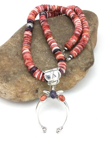 Navajo Spiny Oyster Naja Necklace | Sterling Silver Pendant | 22" | Authentic Native American Handmade | 1275