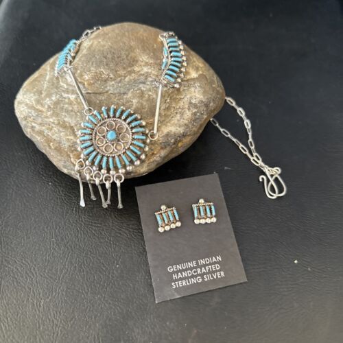 Zuni Kingman Turquoise Needle Point Necklace Pendant Earrings Set | Sterling Silver | Native American Handmade | 14488