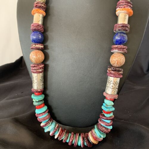 Navajo Turquoise Spiny Oyster Coral Lapis Necklace | Sterling Silver | 24" | Authentic Native American Handmade | 11871