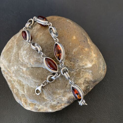 Navajo Deep Gold Amber Link Bracelet | Sterling Silver | 8.25" | Authentic Native American Handmade | 12656