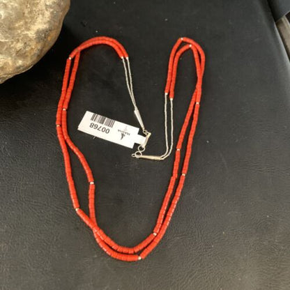 Navajo Red Coral Liquid Heishi Necklace | 2 Strands Sterling Silver Tubes | 22" | Authentic Native American Handmade | 768