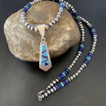 Men's Navajo Pearl Blue Lapis Turquoise Pendant Necklace | Sterling Silver | 21" | 12611