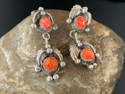 Navajo Red Spiny Oyster Dangle Earrings | Sterling Silver | Authentic Native American Handmade | 2059