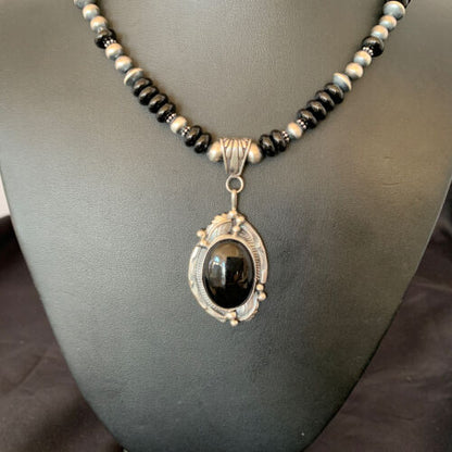 Native American Men's Navajo Pearl Necklace Pendant | Sterling Silver Black Onyx | 10805
