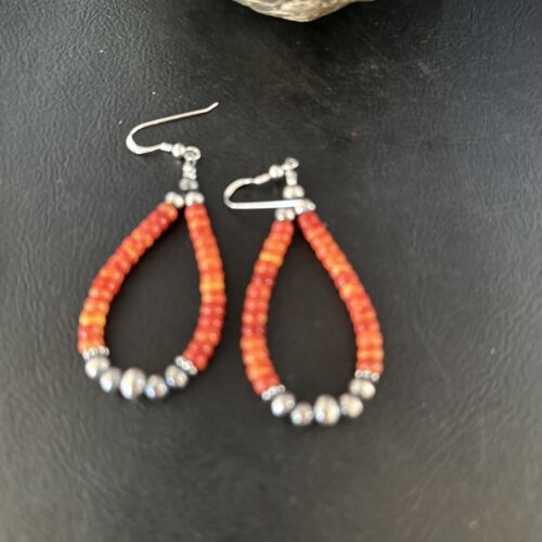 Southwestern Red Spiny Oyster Bead Earrings | Navajo Sterling Silver | Authentic Native American Handmade | 14372