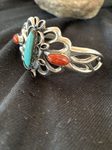Men's Navajo Kingman Turquoise & Spiny Oyster Bracelet | Sterling Silver | Authentic Native American Handmade | 01031