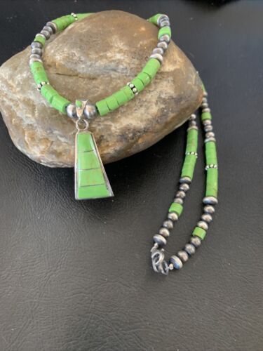 Native American Navajo Sterling Silver Necklace | Green Gaspeite Inlay Pendant | 12150