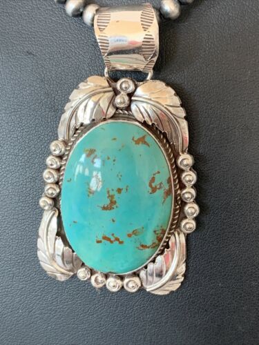 Navajo Pearls Necklace with Kingman Turquoise Pendant | Sterling Silver | Authentic Native American Handmade | 809