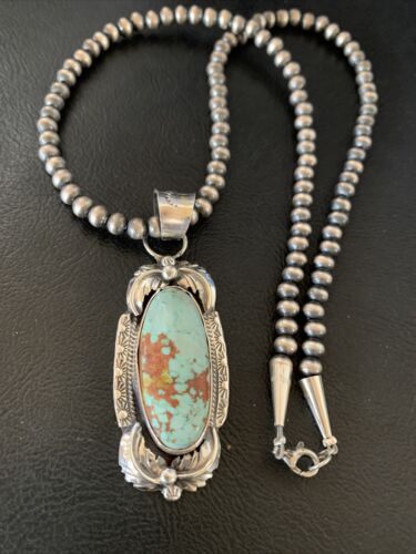 Men's Navajo Blue Dry Creek Turquoise Pendant | Sterling Silver Pearl Necklace | Native American Handmade | 12971