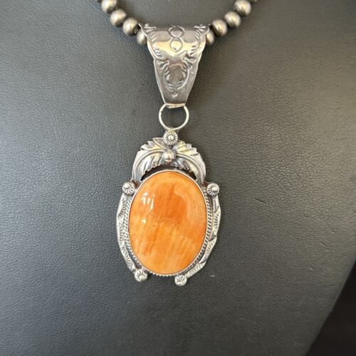 Navajo Pearls Necklace with Orange Spiny Oyster Pendant | Sterling Silver | Authentic Native American Handmade | 14720