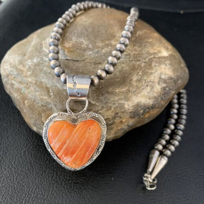 Navajo Orange Heart Spiny Oyster Pendant | Sterling Silver Necklace | Authentic Native American Handmade | 13949