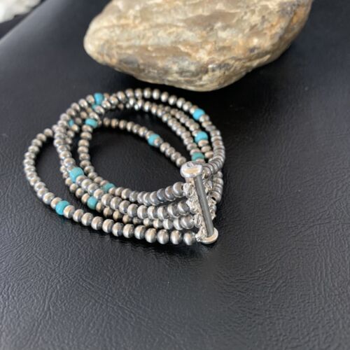 Navajo Pearls Blue Turquoise Bracelet | Sterling Silver | 4-Strand | Authentic Native American Handmade | 13148