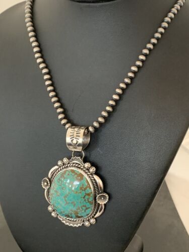 Men's Navajo Pearls Necklace Pendant | Sterling Silver | Blue Turquoise #8 | Authentic Native American Handmade | 529
