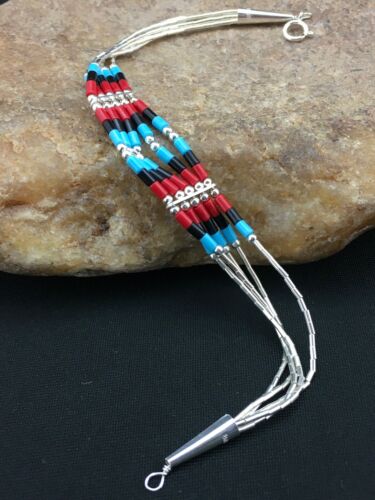 Multi-Color Turquoise Coral Liquid Heishi Bracelet | Sterling Silver | 7" | Authentic Native American Handmade | 13595