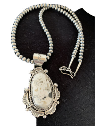 Navajo White Turquoise Buffalo Pendant Necklace | Sterling Silver | Authentic Native American Handmade | 1369