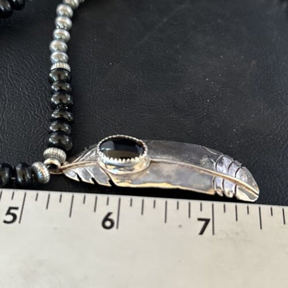 Navajo Pearls Black Onyx Necklace Pendant | Sterling Silver | Authentic Native American Handmade | 14626
